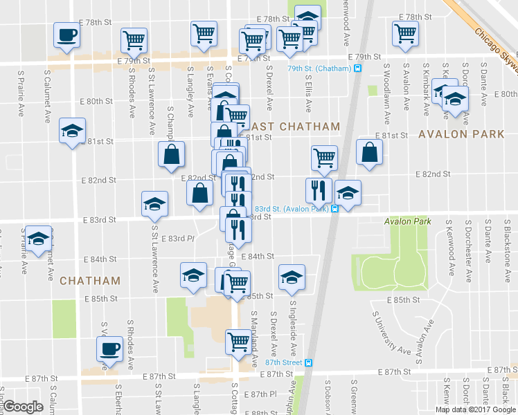 map of restaurants, bars, coffee shops, grocery stores, and more near 8226 South Drexel Avenue in Chicago