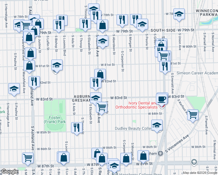 map of restaurants, bars, coffee shops, grocery stores, and more near 1141 West 82nd Street in Chicago