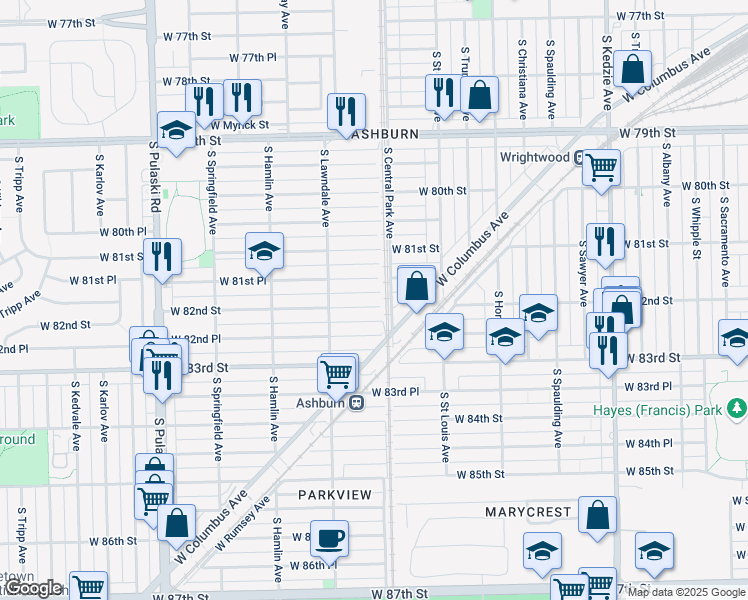 map of restaurants, bars, coffee shops, grocery stores, and more near 3609 West 81st Place in Chicago