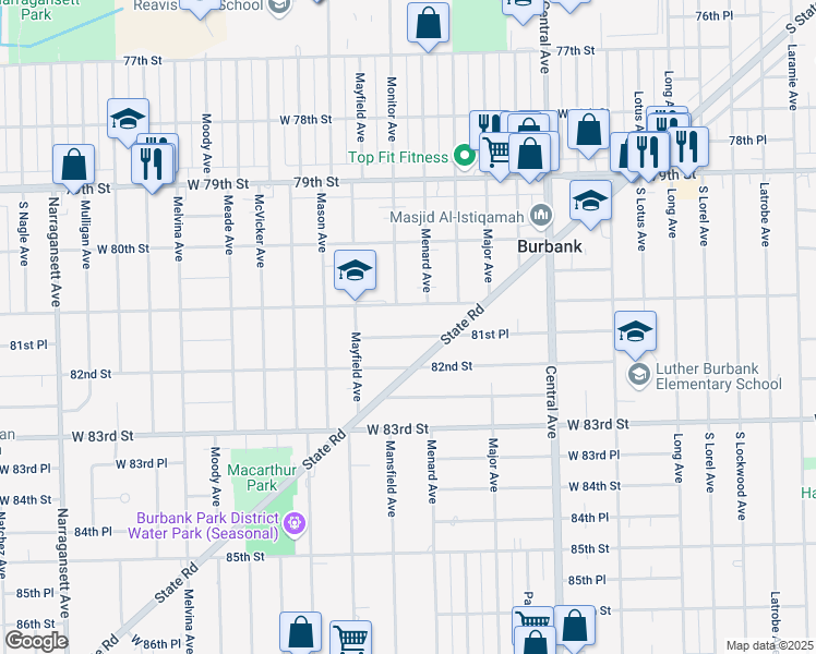 map of restaurants, bars, coffee shops, grocery stores, and more near 5830 81st Street in Burbank