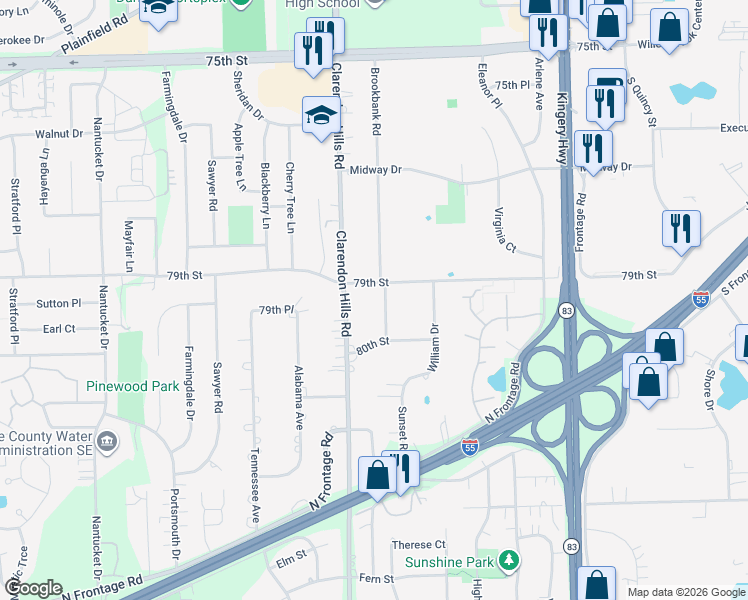 map of restaurants, bars, coffee shops, grocery stores, and more near 238 79th Street in Willowbrook