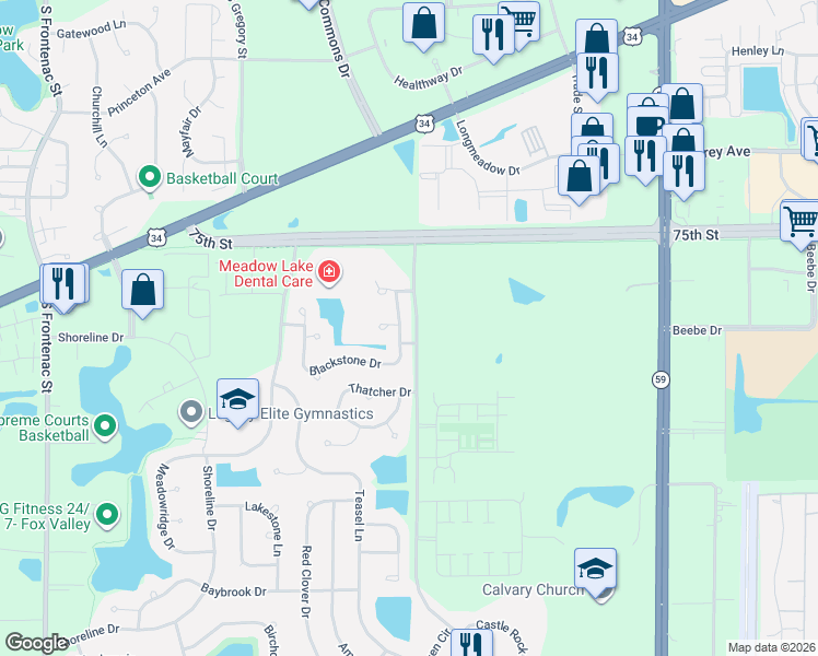 map of restaurants, bars, coffee shops, grocery stores, and more near 4152 Blackstone Drive in Aurora
