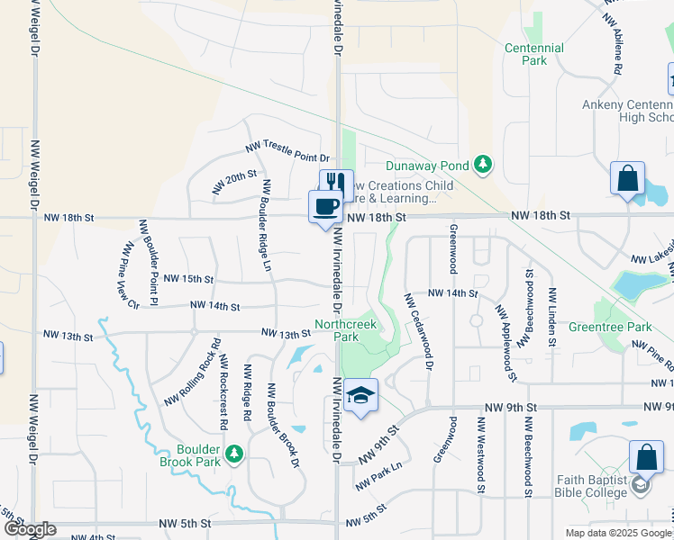 map of restaurants, bars, coffee shops, grocery stores, and more near 1520 Northwest Irvinedale Drive in Ankeny