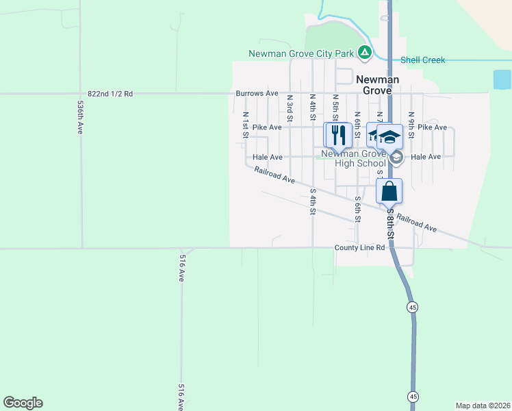 map of restaurants, bars, coffee shops, grocery stores, and more near 202 Logan Avenue in Newman Grove