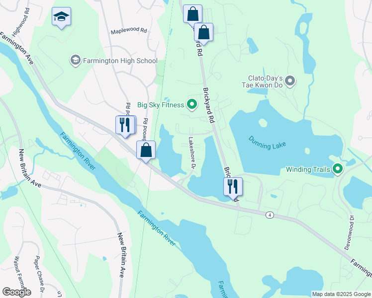 map of restaurants, bars, coffee shops, grocery stores, and more near 34 Lakeshore Drive in Farmington