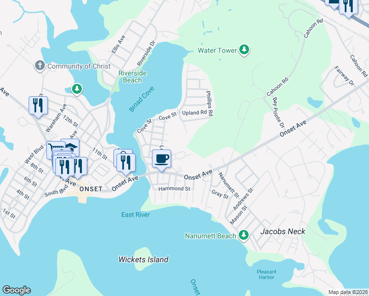 map of restaurants, bars, coffee shops, grocery stores, and more near 34 Carleton Street in Wareham