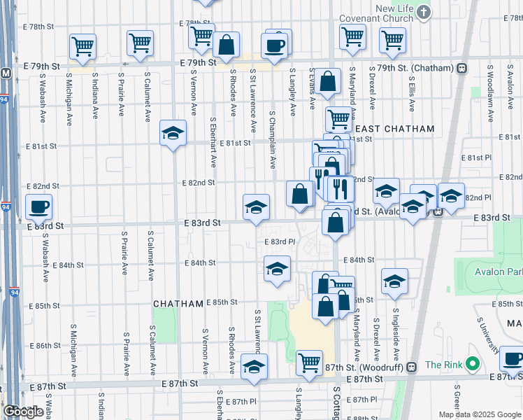 map of restaurants, bars, coffee shops, grocery stores, and more near 8222 South Champlain Avenue in Chicago
