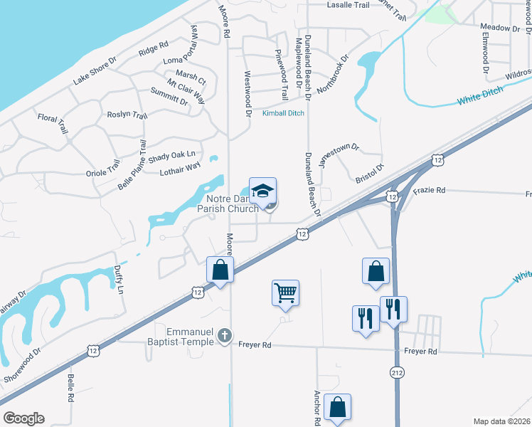 map of restaurants, bars, coffee shops, grocery stores, and more near 1000 Moore Road in Michigan City