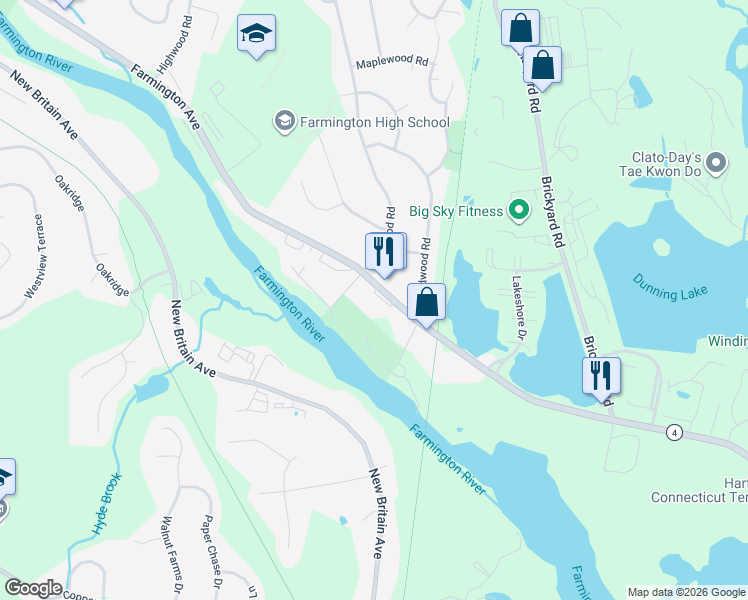 map of restaurants, bars, coffee shops, grocery stores, and more near in Farmington