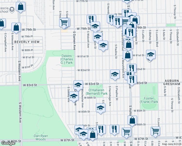 map of restaurants, bars, coffee shops, grocery stores, and more near 8153 South Wolcott Avenue in Chicago