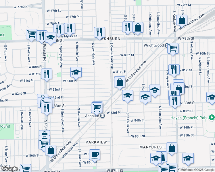 map of restaurants, bars, coffee shops, grocery stores, and more near 3609 West 81st Place in Chicago