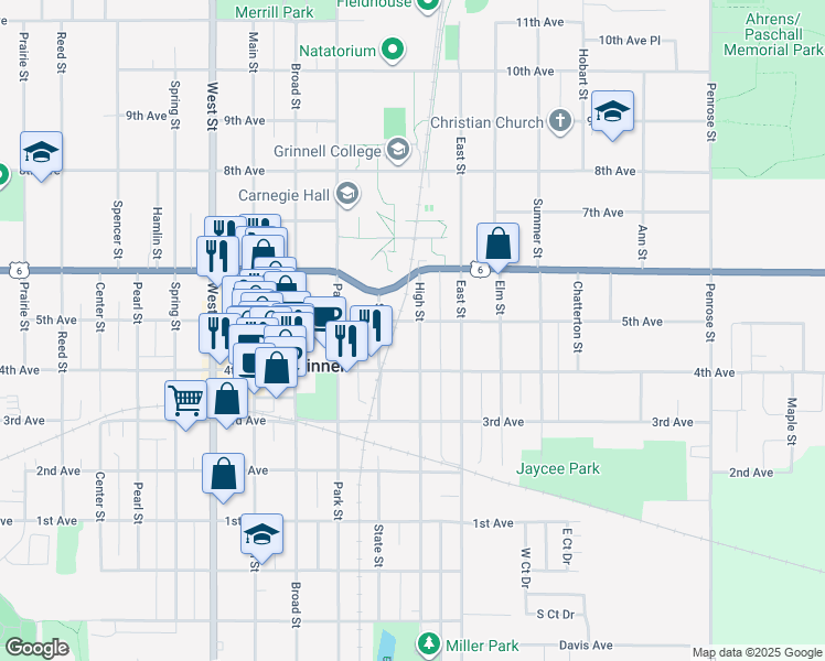 map of restaurants, bars, coffee shops, grocery stores, and more near 1005 High Street in Grinnell