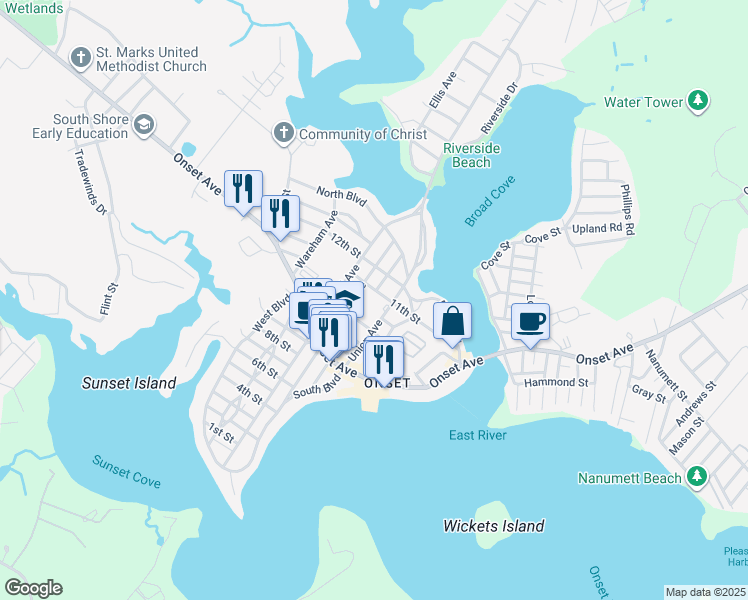 map of restaurants, bars, coffee shops, grocery stores, and more near 13 Highland Avenue in Wareham