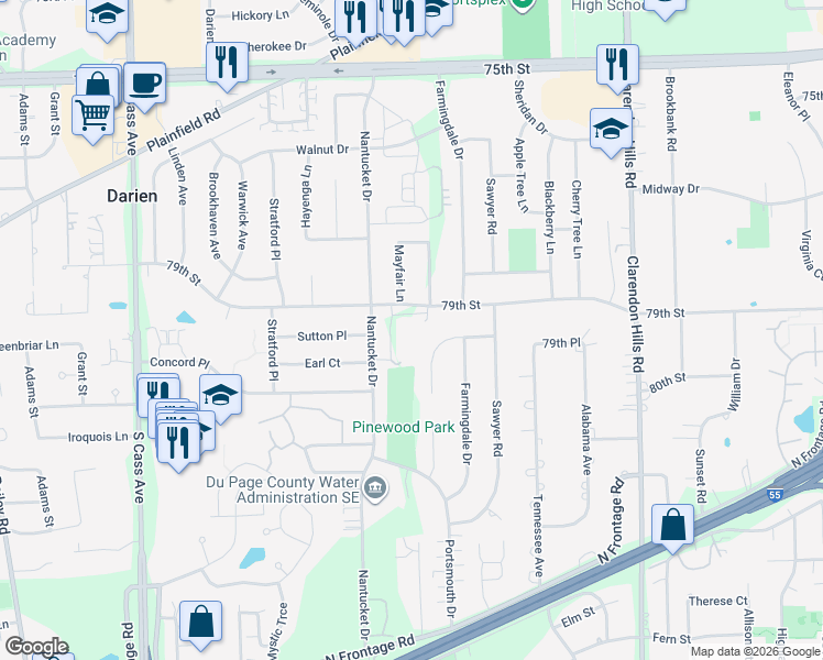 map of restaurants, bars, coffee shops, grocery stores, and more near 709 79th Street in Darien
