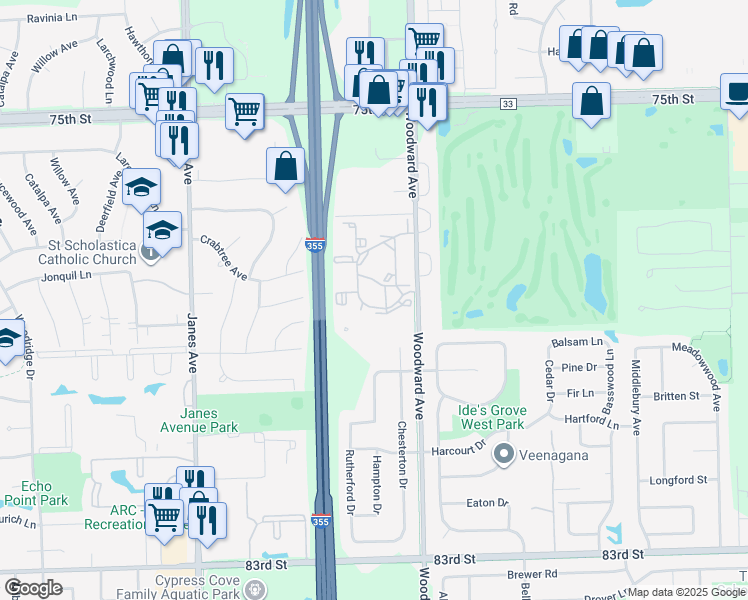 map of restaurants, bars, coffee shops, grocery stores, and more near 2287 Country Club Drive in Woodridge