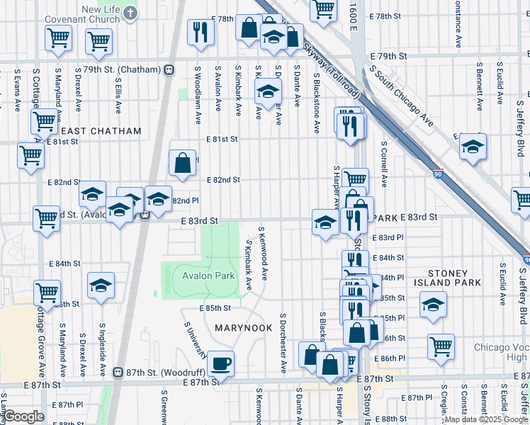 map of restaurants, bars, coffee shops, grocery stores, and more near 8251 South Kenwood Avenue in Chicago