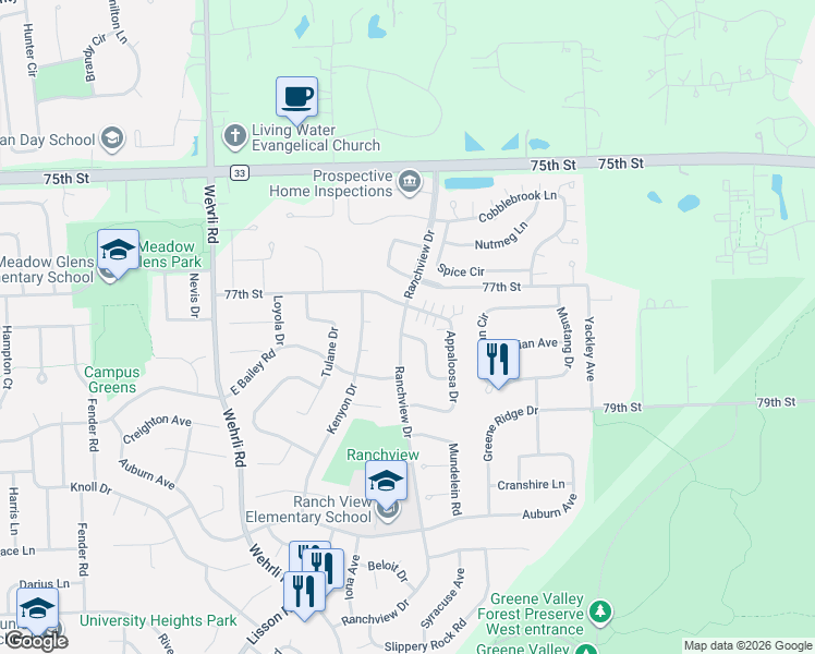 map of restaurants, bars, coffee shops, grocery stores, and more near 1712 77th Street in Naperville