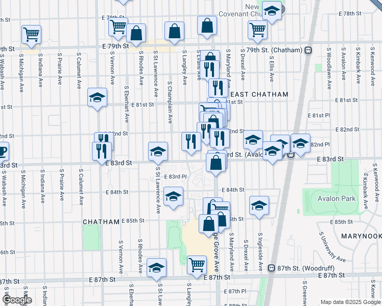 map of restaurants, bars, coffee shops, grocery stores, and more near 8222 South Langley Avenue in Chicago