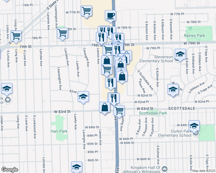 map of restaurants, bars, coffee shops, grocery stores, and more near 8146 South Cicero Avenue in Burbank
