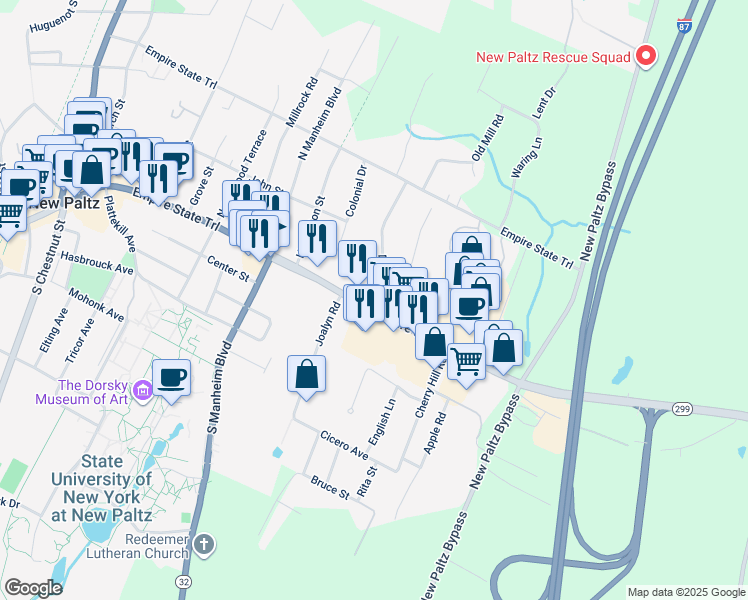 map of restaurants, bars, coffee shops, grocery stores, and more near 5 Duzine Rd in New Paltz