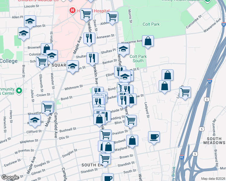 map of restaurants, bars, coffee shops, grocery stores, and more near 36 Bond Street in Hartford