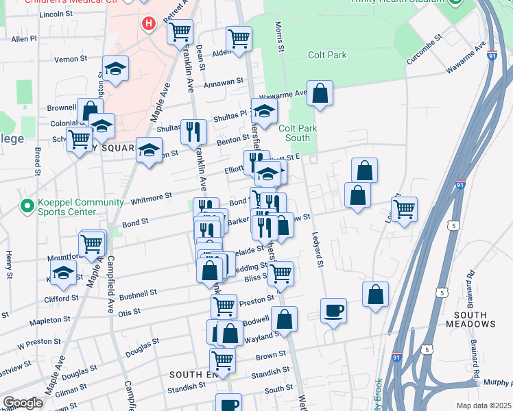 map of restaurants, bars, coffee shops, grocery stores, and more near 393 Wethersfield Avenue in Hartford