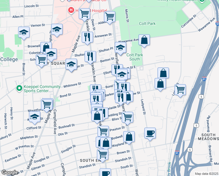 map of restaurants, bars, coffee shops, grocery stores, and more near 36 Bond Street in Hartford