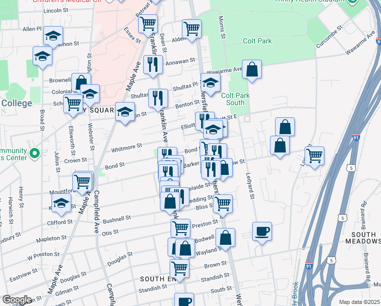 map of restaurants, bars, coffee shops, grocery stores, and more near 36 Bond Street in Hartford