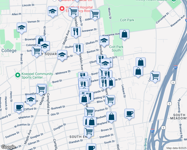 map of restaurants, bars, coffee shops, grocery stores, and more near 36 Bond Street in Hartford