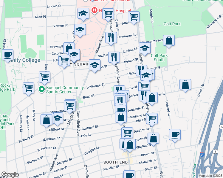 map of restaurants, bars, coffee shops, grocery stores, and more near 25 Whitmore Street in Hartford