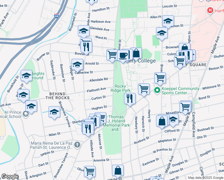 map of restaurants, bars, coffee shops, grocery stores, and more near 145 Zion Street in Hartford