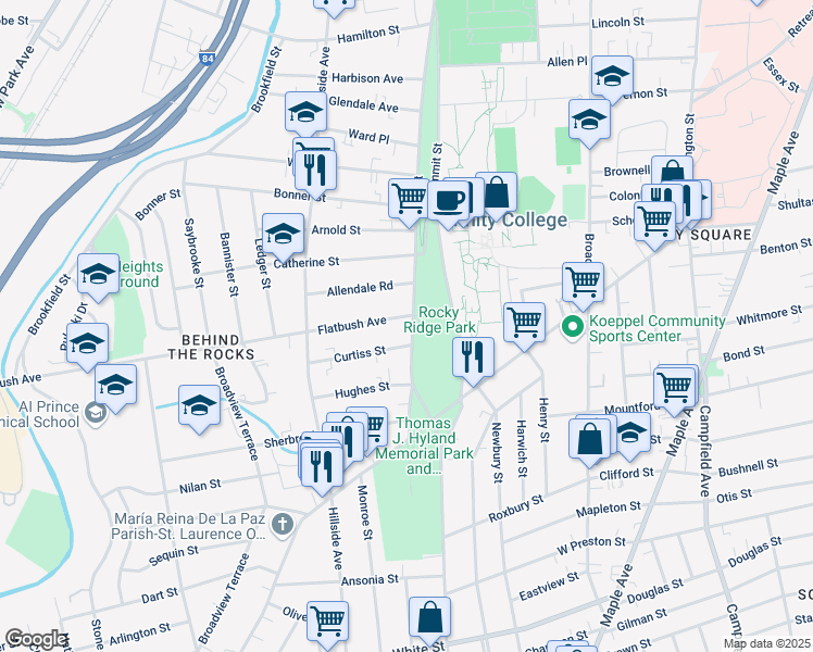 map of restaurants, bars, coffee shops, grocery stores, and more near 145 Zion Street in Hartford