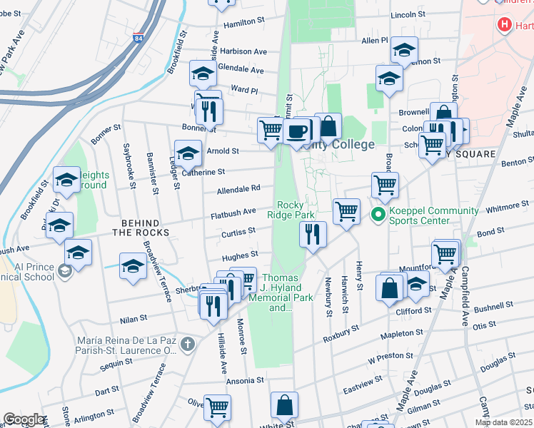 map of restaurants, bars, coffee shops, grocery stores, and more near 145 Zion Street in Hartford