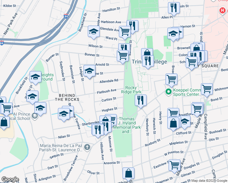 map of restaurants, bars, coffee shops, grocery stores, and more near 46 Flatbush Avenue in Hartford
