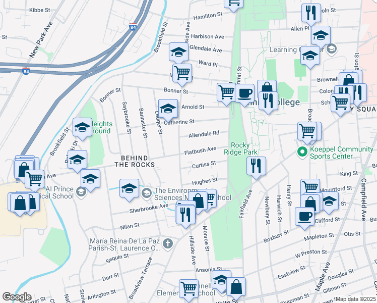 map of restaurants, bars, coffee shops, grocery stores, and more near 95 Allendale Road in Hartford