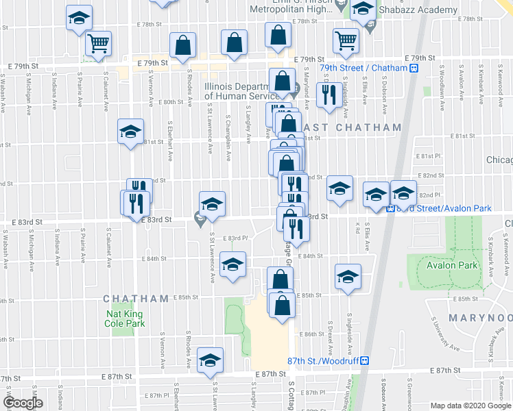 map of restaurants, bars, coffee shops, grocery stores, and more near 8222 South Langley Avenue in Chicago