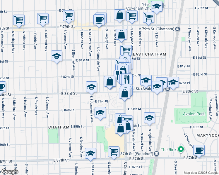 map of restaurants, bars, coffee shops, grocery stores, and more near 8222 South Langley Avenue in Chicago