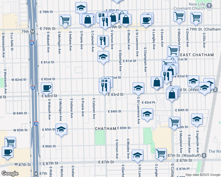 map of restaurants, bars, coffee shops, grocery stores, and more near 8223 South Vernon Avenue in Chicago