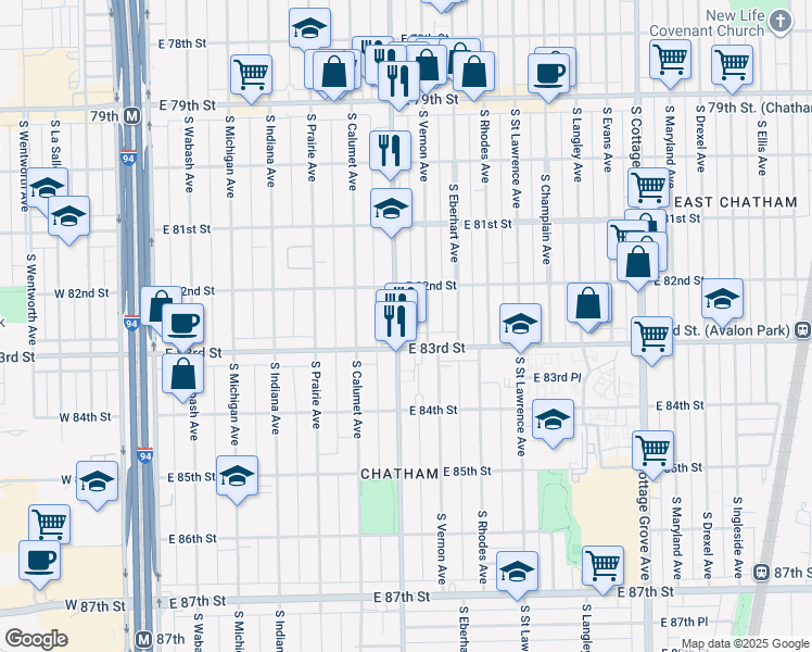 map of restaurants, bars, coffee shops, grocery stores, and more near 8222 South Doctor Martin Luther King Junior Drive in Chicago
