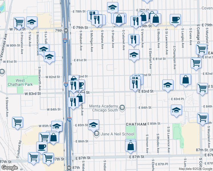 map of restaurants, bars, coffee shops, grocery stores, and more near 8216 South Indiana Avenue in Chicago
