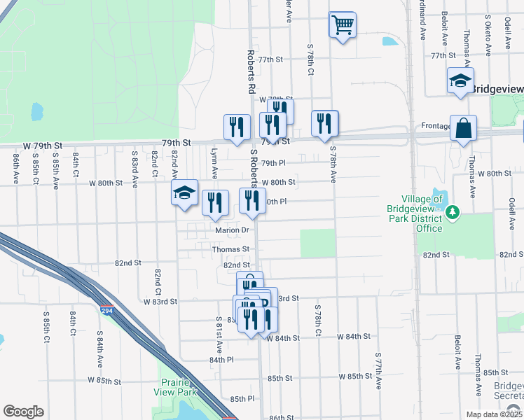 map of restaurants, bars, coffee shops, grocery stores, and more near 7960 80th Place in Bridgeview