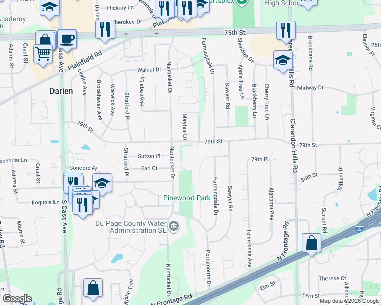 map of restaurants, bars, coffee shops, grocery stores, and more near 709 79th Street in Darien