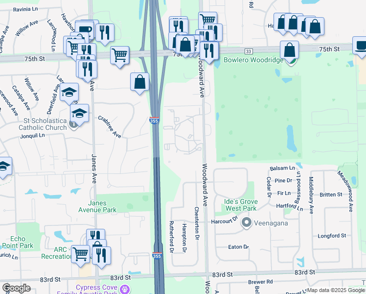 map of restaurants, bars, coffee shops, grocery stores, and more near 2299 Country Club Drive in Woodridge