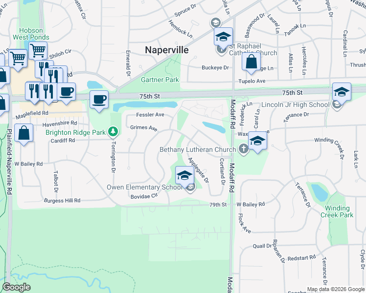 map of restaurants, bars, coffee shops, grocery stores, and more near 1455 Applegate Drive in Naperville