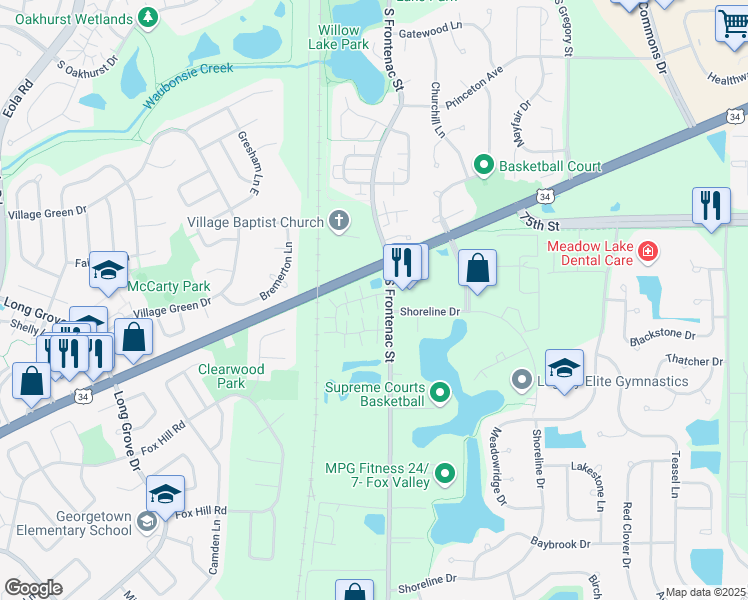 map of restaurants, bars, coffee shops, grocery stores, and more near 3357 Ravinia Circle in Aurora