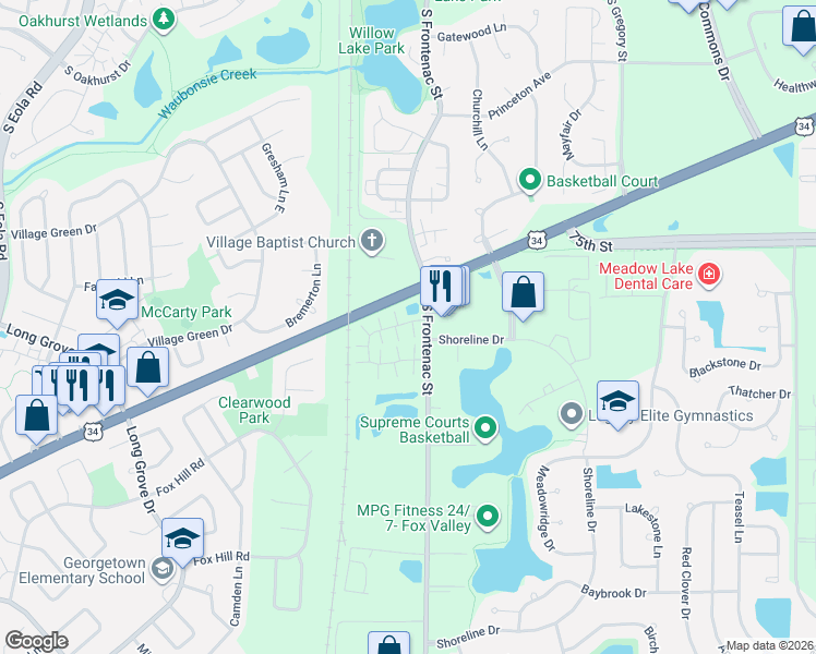 map of restaurants, bars, coffee shops, grocery stores, and more near 3357 Ravinia Circle in Aurora