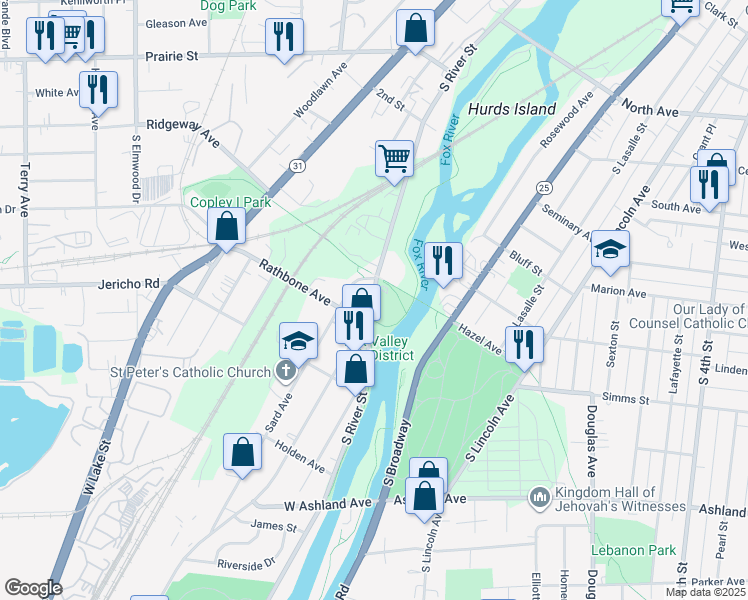 map of restaurants, bars, coffee shops, grocery stores, and more near 712 South River Street in Aurora