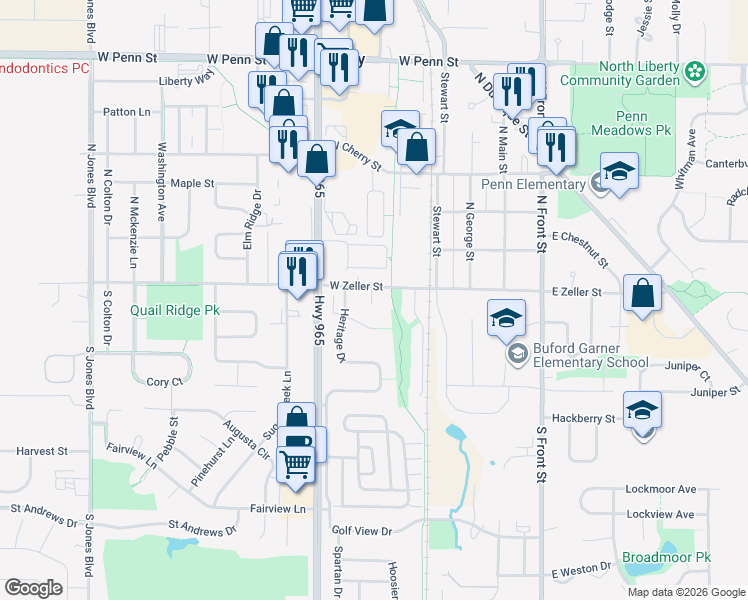 map of restaurants, bars, coffee shops, grocery stores, and more near 410 West Zeller Street in North Liberty