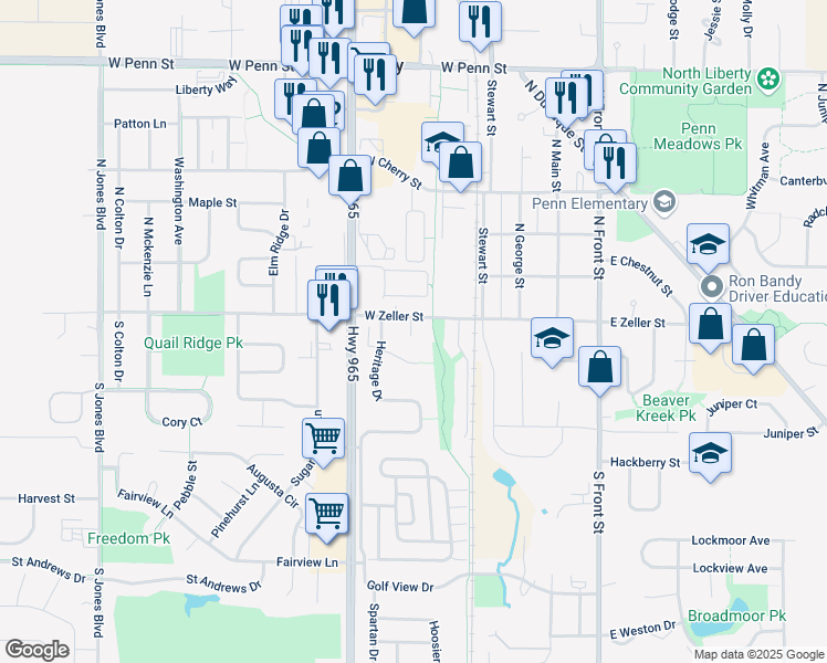 map of restaurants, bars, coffee shops, grocery stores, and more near 410 West Zeller Street in North Liberty