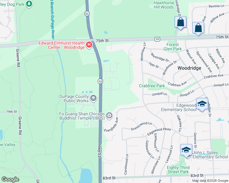 map of restaurants, bars, coffee shops, grocery stores, and more near 3211 Fox Street in Woodridge